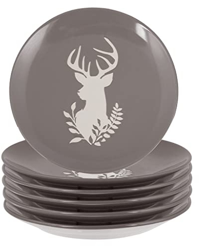 Set of Six Dark Grey Plates Reindeer Christmas Crockery Dinner Set Stoneware Side Plates (CR74)