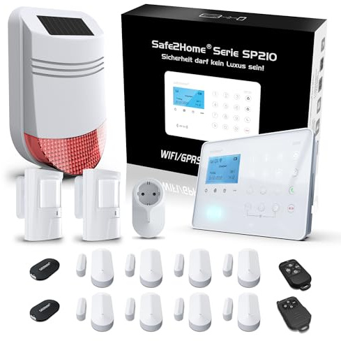 Safe2Home® Funk Alarmanlage Komplett Set SP210 mit Sabotageschutz u Lichtsteuerung - deutsch - LTE WLAN Alarmsystem SMS Alarmierung - Alarmanlagen fürs Haus Büro inkl. Zubehör und Sensoren