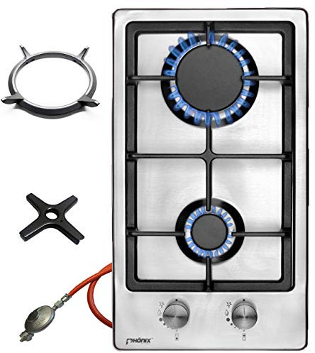 Phönix Domino-ST Plaque de cuisson à gaz en acier inoxydable avec 2 brûleurs, support wok en fonte + croix de cuisinière à gaz