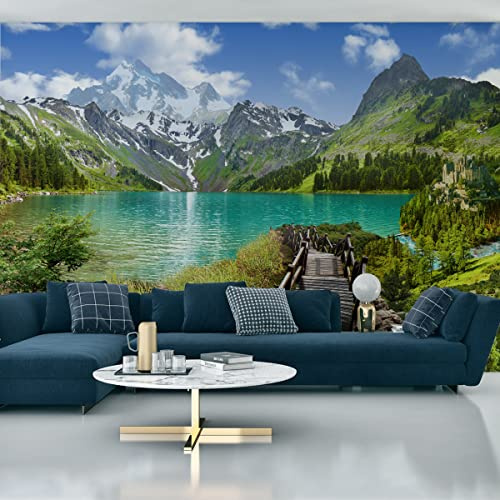 Wallepic Self-Adhesive Photo Wallpaper Nature Sea Stairs Sky Clouds 416 x 290 Modern XXL Trees Forest Green Living Room Bedroom Office Hallway Wallpaper Multicoloured Abstract Wall 416 cm x H290 cm