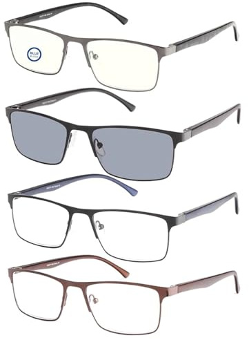 EFE 4-PACK Gafas de lectura para Hombre, Bisagras de Resorte, Marco Rectangular, Gafas de Lectura Metal Bloquea la Luz Azul, incluido Gafas de lectura para el sol, anti UV (Multicolor, 1.50, x)