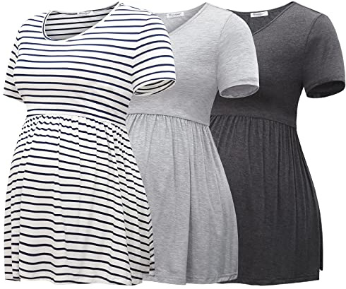 Bearsland moderskap toppar kortärmad rund hals amning t-shirt graviditetskläder, Mörkgrå och ljusgrå och vita ränder, S