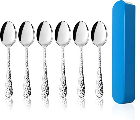 HaWare 6 Pcs Stainless Steel Kid Toddler Spoons for Kid’s Self Feeding, Small Metal Children Cutlery for Home Kitchen School, Hammered Design, Mirror Polished& Dishwasher Safe