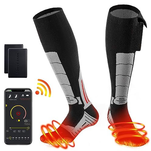 APP Beheizbare Socken mit Akku, 2X 5000 mAh, Beheizte socken APP, Heizsocken mit 3 Heizstufen, Socke Beheizt Elektrische Socken für Jagd, Skifahren, Home, Camping, Wandern (Schwarz, M)