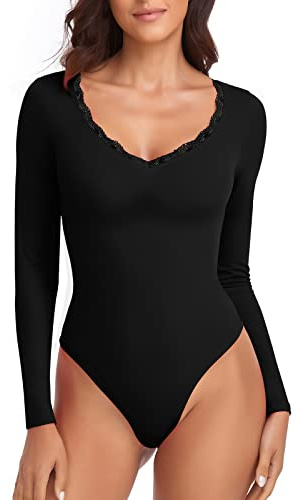 WOWENY Body pour femme, haut élégant à manches courtes et col en V en dentelle, sexy et décontracté | Body sexy pour femme, pour fête, festival, doux et confortable
