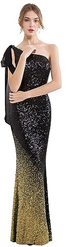 Angel-fashions Mujeres Asimetrico Cinta Gradual Lentejuela Sirena Vestido Largo clásico Negro Oro X-Large