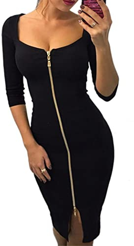 OMZIN Femme Soirée Bodycon Zip Avant Stretch Décolleté Profond Robe de Fête Noir L