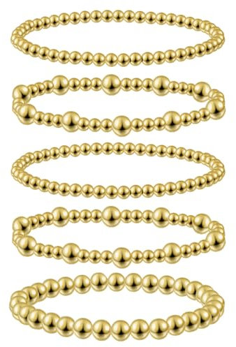 Emibele Gold Perlen Armbänder Set, 5pcs 14K Echtgold Gefüllte Perlen Stretch Armband Stack, Geschenk für Frauen, Freundinnen, Mütter, Mädchen