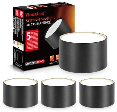 YindaLux 4x LED Aufbauspot Schwarz Matt Ø84x50mm Aufbaustrahler 6W 680LM GX53 LED Neutralweiß Aufputz 230V 180° Abstrahlwinkel Deckenspots aufbauleuchte aus Aluminium Spots Deckenleuchte Rund
