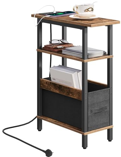 MAHANCRIS Narrow Side Table with Charging Station, 3 Tier Small End Table for Small Spaces, Slim Side Shelf with Storage, for Living Room, Bedroom, Rustic Brown AETHR125KE01