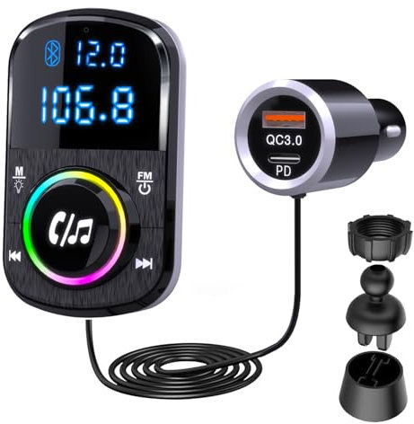 GizmoVine Bluetooth Adapter Auto, FM Transmitter, Unterstützt Freisprechen/QC3.0 und PD-Schnellladegerät/Umgebungslicht/Selbstklebende Basis und Clip mit 1.1-Kabel – BT/TF-Karten-Musikplayer