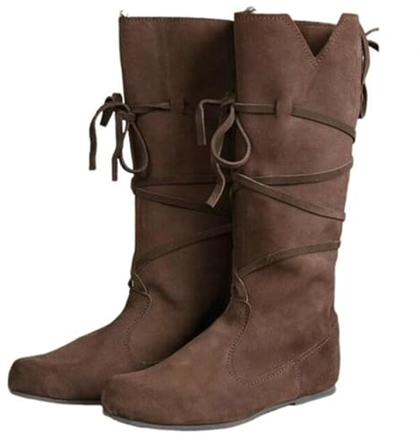 Helltaker Men's Renaissance Boots, Brown, Size 12, Medium Width, Lace-Up, Flat Heel, Cosplay, Halloween, Pirate, Steampunk, Viking, Medieval, Formal/Theme, Combat Boots