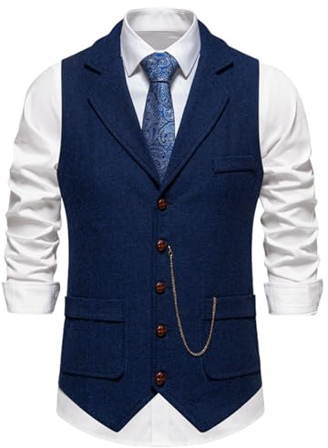 clasToonrain Classique Mens Costume Vest V-Neck Strip Tweed Vest Hommes éLéGant RéGulier Approprié Pour Une FêTe D'Affaires Formelle Mariage(Bleu Foncé,L)