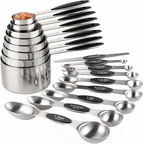 Juego de tazas y cucharas medidoras de acero inoxidable que incluye 8 tazas medidoras resistentes, 8 cucharas medidoras magnéticas de doble cara y 1 nivelador para ingredientes secos y líquidos
