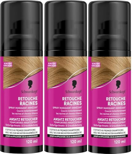 Schwarzkopf - Lot de 3 Retouche Racines Cheveux Blancs - Spray Masquant Temporaire Racines Cheveux - S’efface au premier shampooing - Blond Foncé