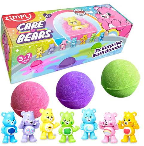 ZIMPLI - 3 bombas grandes de 100 g, 100 g, 1 de 7 juguetes de oso de cuidado para coleccionar, uno para cada bomba de baño, figuras coleccionables para niños y niñas
