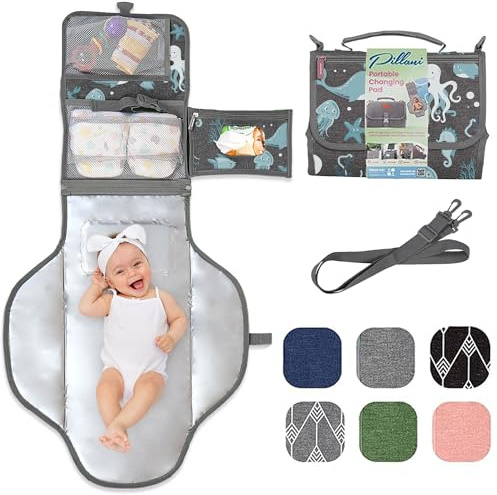 Portable Changing Pad for Baby, Travel Diaper Changing Pad for Newborn, Large Waterproof Baby Changing Mat, Foldable & Detachable Diaper Changing Station with Baby Wipes Pockets, Baby Stuff by Pillani