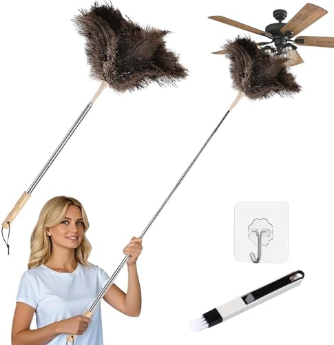 Plumero telescópico de plumas de avestruz, lavable, extensible hasta 130 cm, con gancho, cepillo de grietas para el hogar, coche, oficina
