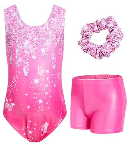 JiAmy - Ensemble de justaucorps de gymnastique pour filles avec shorts, 3 pièces - Tenue athlétique pour enfants - Tenue de danse de ballet sans manches pour enfants de 3 à 12 ans, 6-7 ans