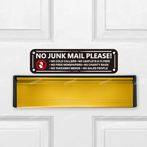 Lot de 2 autocollants réfléchissants « No Junk Mail » pour boîte aux lettres d'entrée - Panneau en métal réfléchissant - 16 x 4 cm - Avec dos adhésif et 4 trous percés