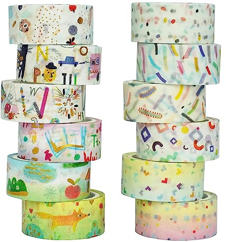 YUBX Washi tejp, 12 rullar Washi tejp set dekorativ washitejp söt guldfolie dekorativ maskeringstejp för gör-det-själv konst och hantverk (barnritningar)