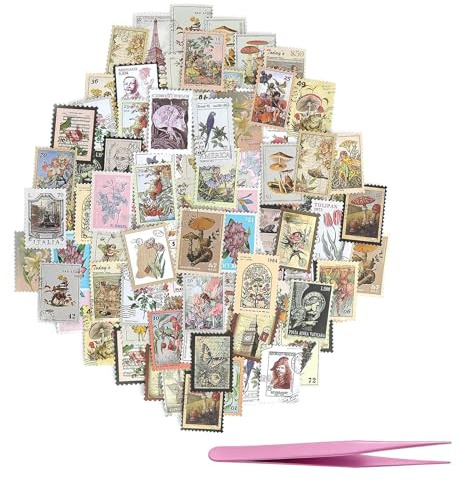 LOLANIUT Set sticker francobolli vintage 100 adesivi 2 set con pinzetta a punta rosa stickers journaling scrapbook bullet journal collage diario e DIY