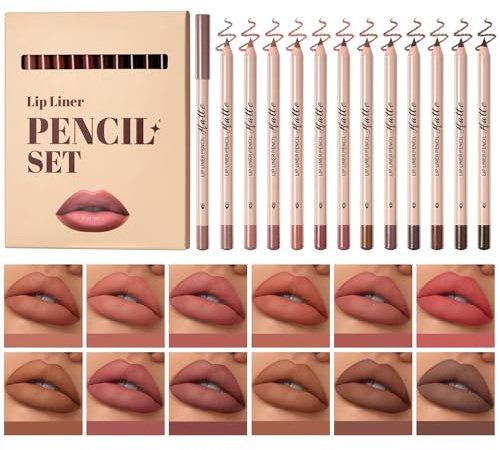 12 Colors Matte Velvet Lip Liner Set, Highly Pigmented Lip Liner Pencil, Long Lasting Waterproof Non-Smudging Natural Nude Brown Lipliners Pencil