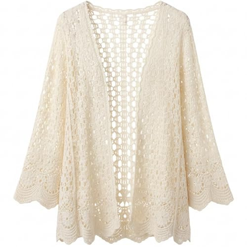 Monetais Cardigan au Crochet pour Femmes-Cardigan élégant en Tricot ajouré Ouvert sur Le Devant, Pull de Plage léger pour l'été