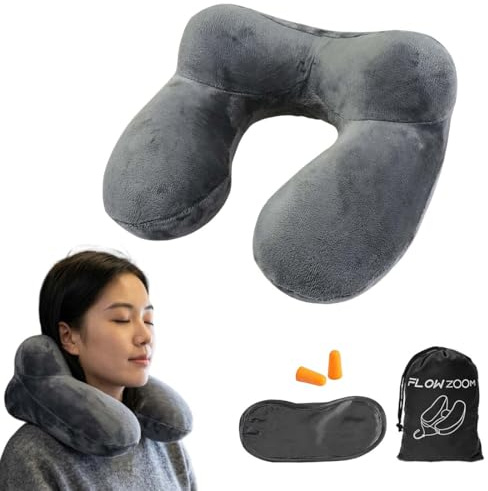 ZENQARI 1 Cuscino Gonfiabile da Viaggio Collo, Cuscino da Viaggio per Collo, con Maschera per gli Occhi, Tappi per le Orecchie e Borsa di Stoccaggio, Per Aereo, Auto, Ufficio e Relax a Casa