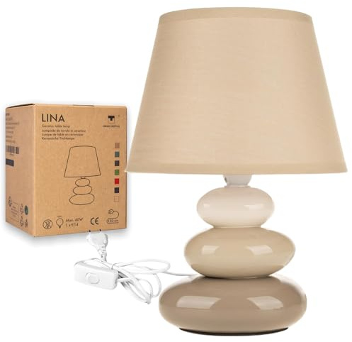 Nachttischlampe Lina (Taupe) Tischleuchte Keramik Tischlampe mit Stoffschirm, LED geeignet, E14 230V Keramik, Tischlampe, Nachttischleuchte, Fenster Lampe, Sofalampe. Fensterbank Lampen
