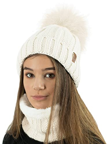 TOSKATOK® Gorro y Bufanda para Mujer de Invierno con Gorro y Forro Polar cálido con Forro Polar cálido y pompón Grande de Piel sintética - Disponible Solo o en Conjunto