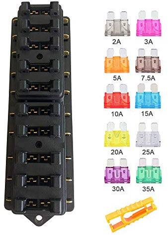 Aiqeer KFZ 10-Fach Sicherungshalter, 12V / 24V / 32V / 48V Universal Standard Blade Sicherungskasten, Sicherungsdose, Sicherungsblock, mit Feuchtigkeitsgeschützter Abdeckung und 10Pcs Flachsicherung