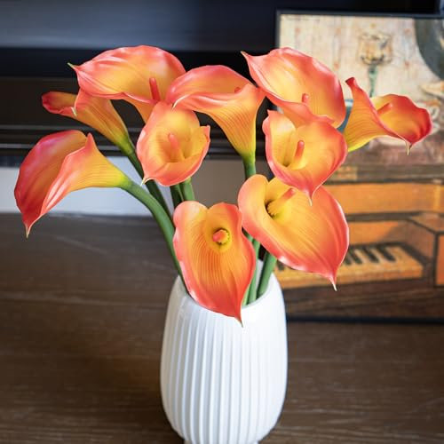 DUYONE Künstliche Blumen Calla Lilly 64 cm großer Latex-Blumenstrauß, weich, fühlen Sich an mit langem Stiel, 5 Stück für Zuhause, Wohnzimmer, Schlafzimmer, Esstisch, Büro, Hochzeit,(Orangen)