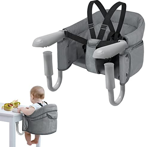 Aufun Tischsitz Faltbar Babysitz, Booster Sitz mit Anti-Rutsch-Klemmen, ergonomischer Rückenlehne, Sicherheitsgurt, Kinder Reisehochstuhl für zu Hause und Unterwegs (Grau)