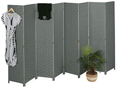 Relaxdays Biombo 8 Paneles Plegable, Separador Ambientes, 170x320 cm, Pantalla Interior, Madera, Cuerda de Papel, Gris