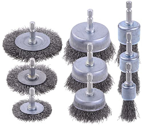 9 Pack Drill Wire Brush with 1/4-Inch Hex Shank, Rocaris Carbon Steel Drill Wire Brush, Cup/ Wheel/ Pen Brush Set for Rust Removal, Corrosion and Scrub Surfaces