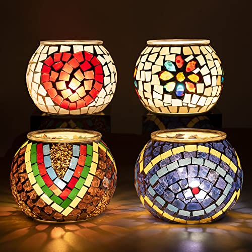 Larcenciel Värmeljushållare 4 stycken, mosaik ljusstake glas, romantiska värmeljusglas med hjärta och blommotiv, handgjorda ljusstakar, färgglada värmeljusdekoration för födelsedagar, jul, fester