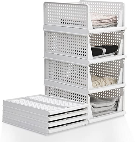 BTGGG 4 Pack Wardrobe Storage Organiser, Stackable Storage Drawers for Wardrobe, Plastic Clothing Closet Organiser Foldable Boxes Baskets Shelves for Closet Cabinet Pantry Laundry Organisation