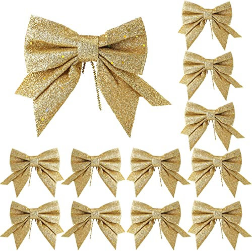 YUNLI 12 Stück Weihnachtsschleifen, Schleifen Weihnachtsbaum Gold, Glitzer Schleifen Weihnachtsbaumschmuck, Weihnachtsbaum Bogen Schleife, Weihnachten Schleifen für Weihnachtskranz Geschenke Deko