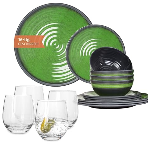 Vaisselle de camping en mélamine pour 4 personnes Vert pierre + 4 verres à eau Tiamo