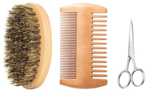 Bartbürste, Beard Brush, Bartkamm, Schnurrbartkamm, Beard Holzkamm, Bart Bürste aus Holz, Bartschere, Bartpflegeset für Herren, Wildschweinborsten Bartbürste und Doppelseitig Holz Bartpflege Set