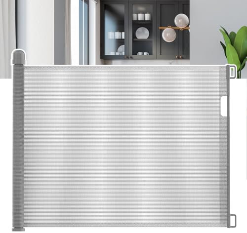 FIVMEN Treppenschutzrollo Türschutzgitter 150cm Treppenschutzgitter ausziehbar Tür- & Treppengitter mit Auto-Close Kinderschutzgitter PVC Türgitter Baby Schutzgitter, Grau