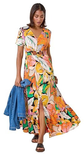 Roman Originals Shirred Empire Waist Dress For Women UK Ladies Midi Maxi Summer Spring Tiered Frill Hem Short Sleeve V Neck Button Through Boho Bohemian Holiday Cruise - Orange Multicoloured - Size 10