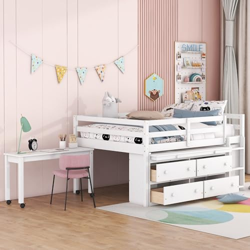 Harper & Bright Designs Full Size Wood Loft Bed with Desk and Storage Drawers, Low Loft Bed with Shelves, Farmhouse Loft Bed for Kids Boys Girls, White