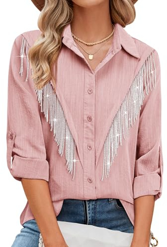 MYMORE Chemise boutonnée pour femmes avec franges scintillantes, manches 3/4 retroussées, haut pour concert country, Nashville, western, tenue de cowgirl, Taille L