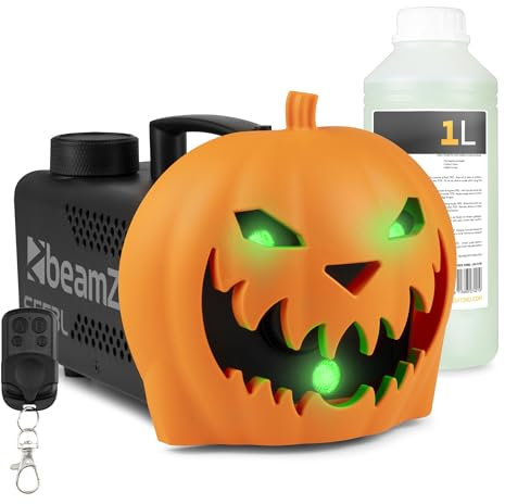 BeamZ S553L Halloween Smoke Machine with 1L Orange Fluid & Balloon - 550W Fogging Pumpkin with RGB LEDs, Remote Control - Pumpkin Fog Machine, Ideal Halloween Decorations & Spooky Effects