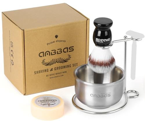 Anbbas Rasierpinsel-Set aus synthetischem Dachshaar, Edelstahl-Rasiermesser und Pinselständer und Schaumschale,natürliche Rasierseife, Puck-Nachfüllpackung für Männer