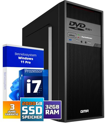 GMR Ultra Max Desktop PC - Intel i7, Windows 11 Pro, 32GB RAM, 1000GB SSD, USB 3, WiFi, Bluetooth, Office PC Mit DVD, Cardreader, 3 Jahre Garantie - Desktop PC Windows 11 - Sofort Einsatzbereit
