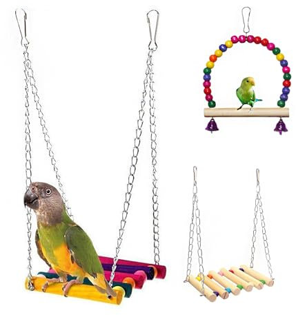 TUBAWD 3 Pack Budgie Toys, Parrot Toys, Colorful Wooden Ladder, Swing & Bridge for Parakeet, Cockatiel & Conure