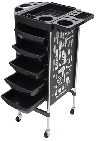 Carro de peluquería con ruedas, carrito de belleza con 5 cajones y soporte para secador de pelo, salón de spa (negro)